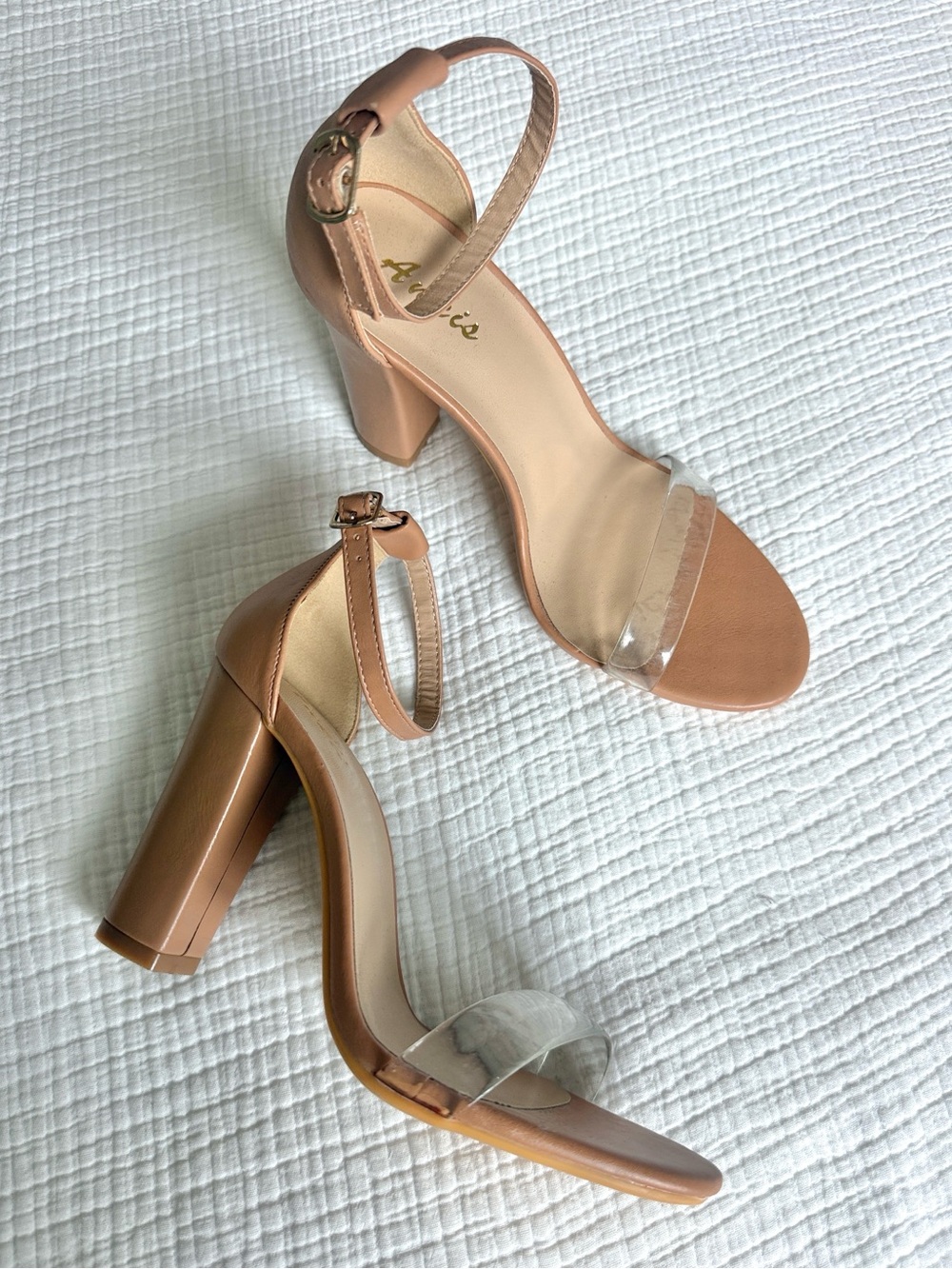 Clear-Strap Block Heel Sandals in Tan
